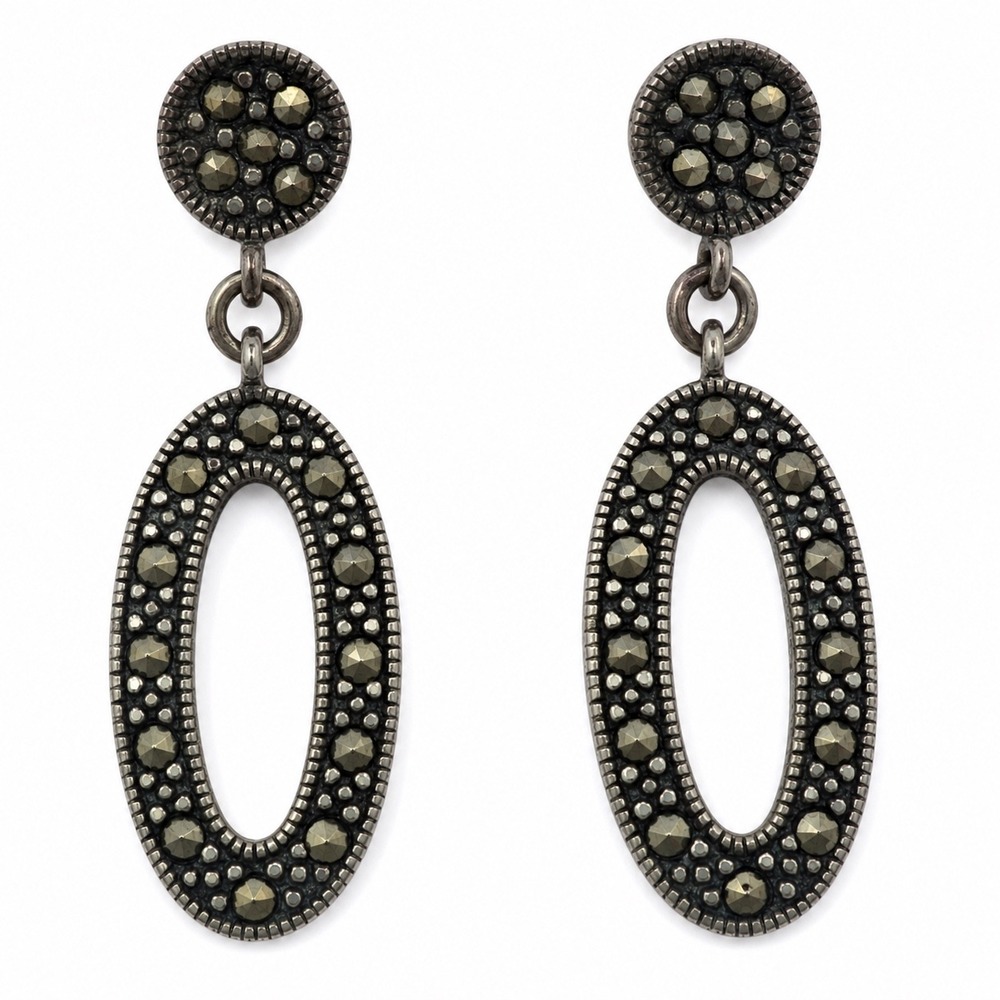 925 Sterling Silver Marcasite Oval‎ Drop Earrings Vintage Art Deco Style Dangle